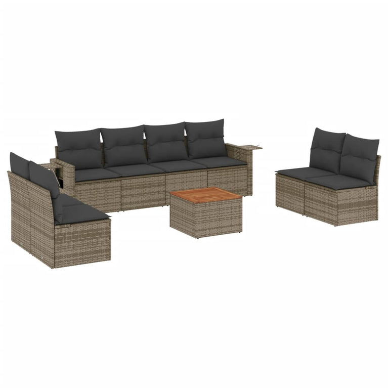 9-delige Loungeset met kussens poly rattan grijs