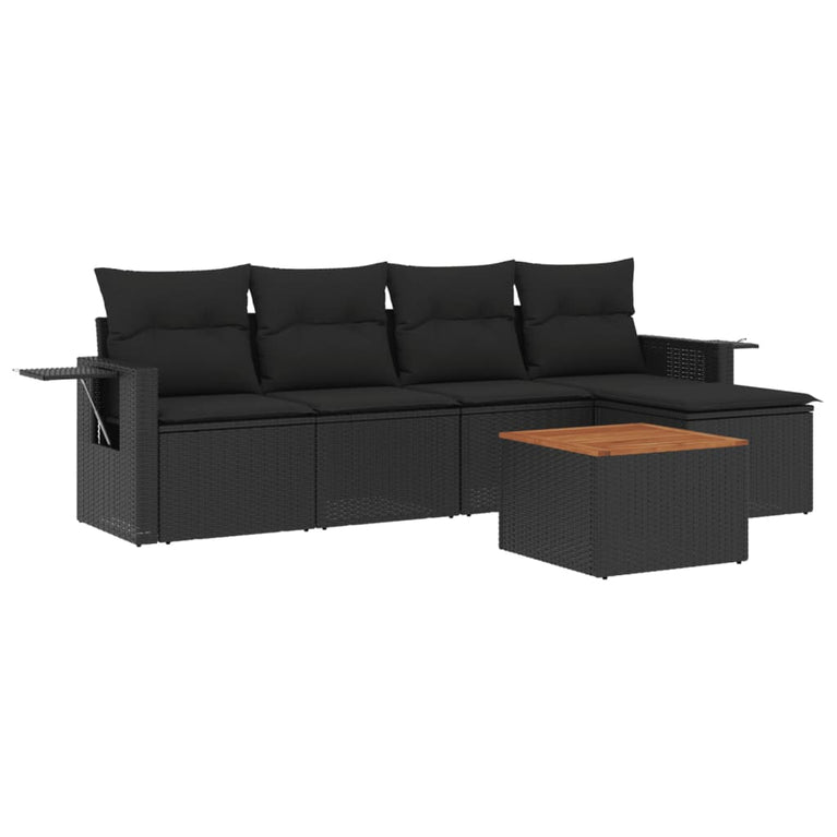 6-delige Loungeset met kussens poly rattan zwart