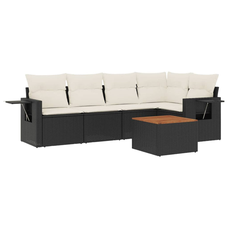 6-delige Loungeset met kussens poly rattan zwart