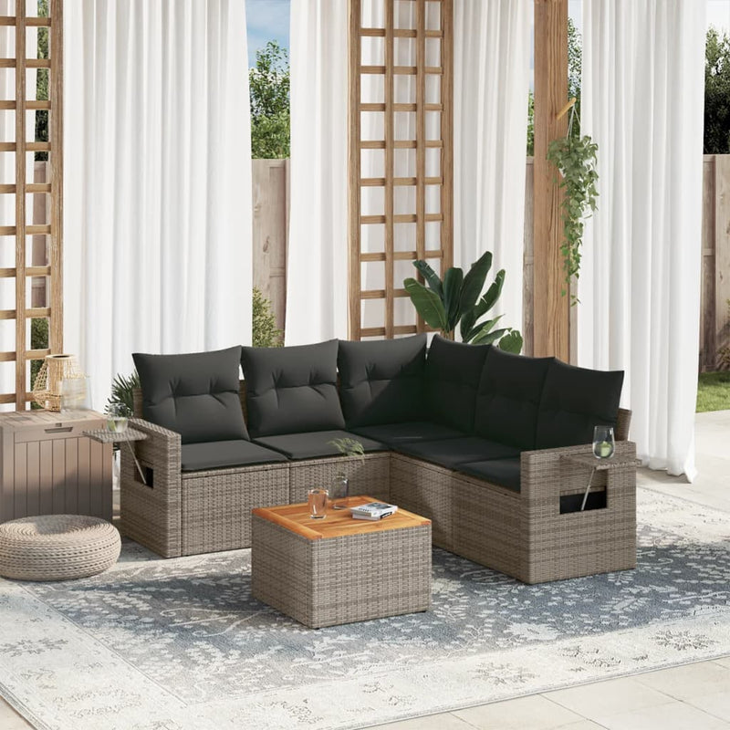 6-delige Loungeset met kussens poly rattan grijs