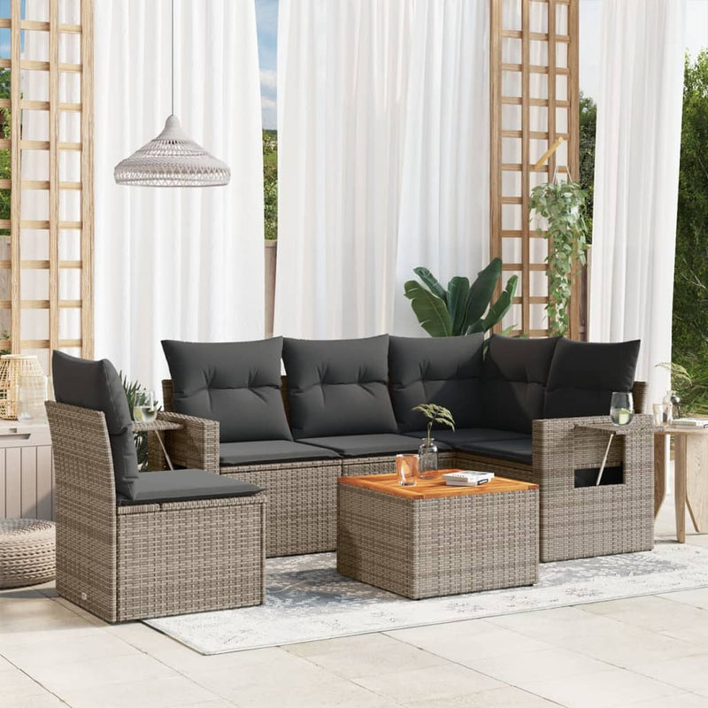6-delige Loungeset met kussens poly rattan grijs