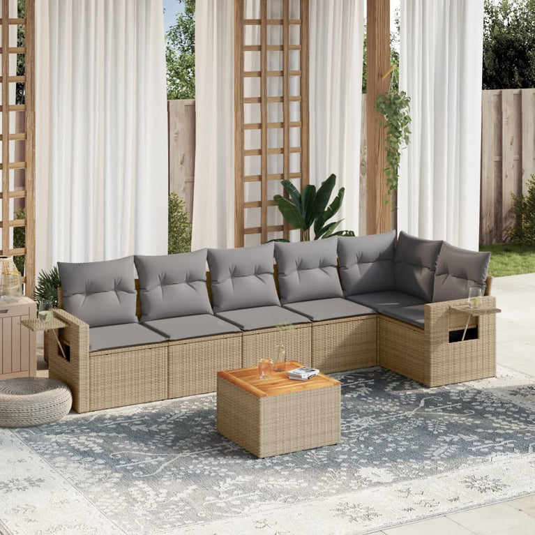 7-delige Loungeset met kussens poly rattan beige