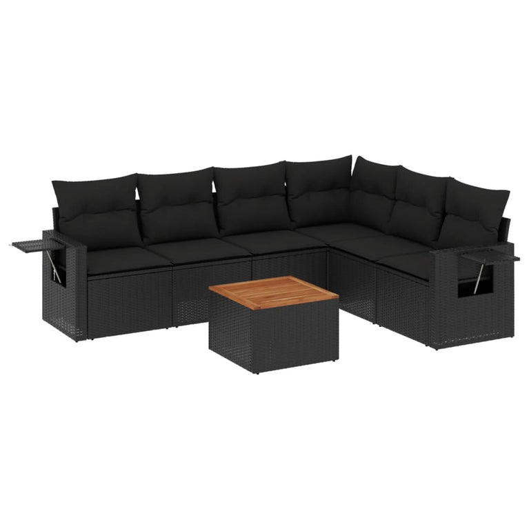 7-delige Loungeset met kussens poly rattan zwart