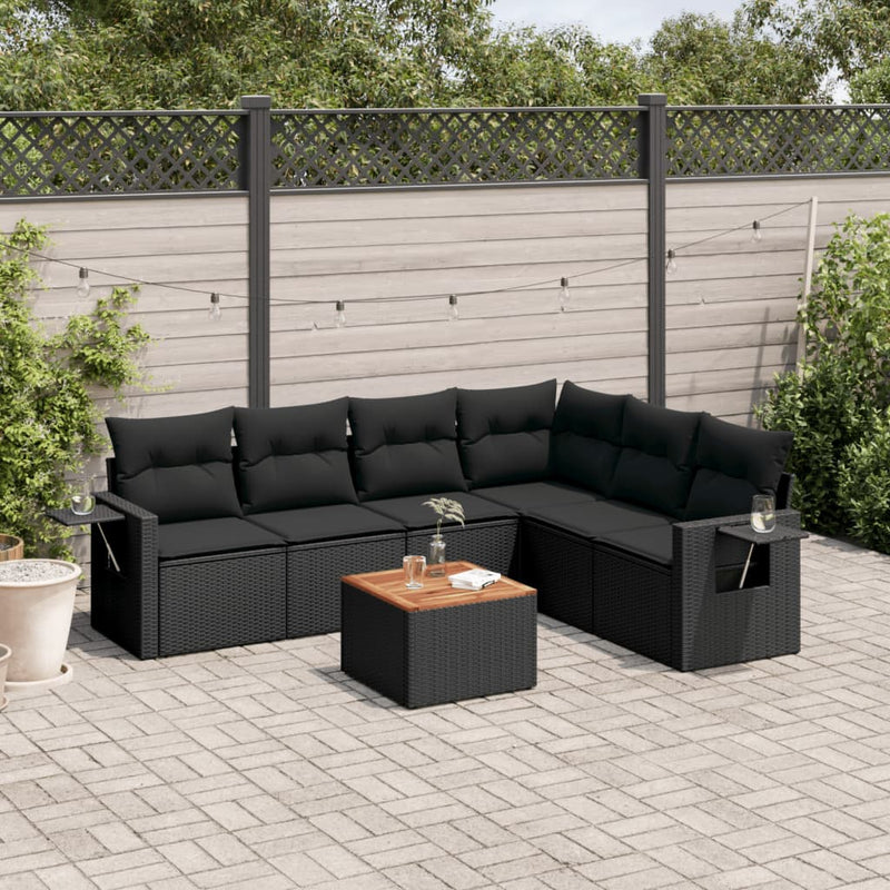 7-delige Loungeset met kussens poly rattan zwart