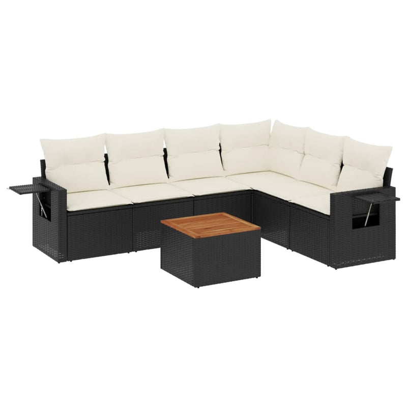 7-delige Loungeset met kussens poly rattan zwart