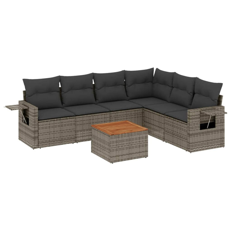 7-delige Loungeset met kussens poly rattan grijs