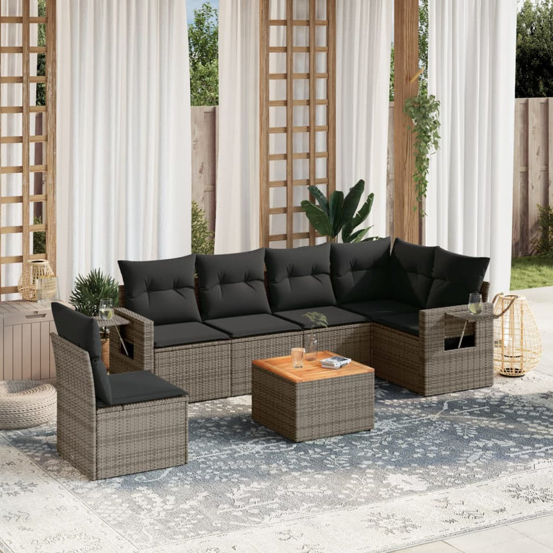 7-delige Loungeset met kussens poly rattan grijs