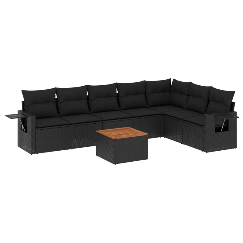8-delige Loungeset met kussens poly rattan zwart