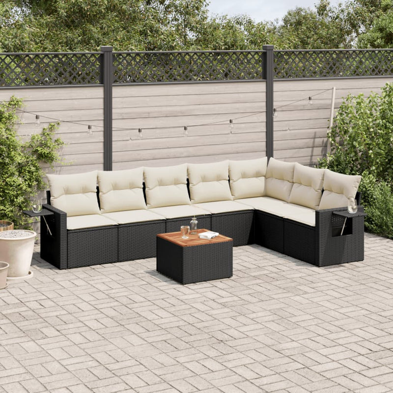 8-delige Loungeset met kussens poly rattan zwart