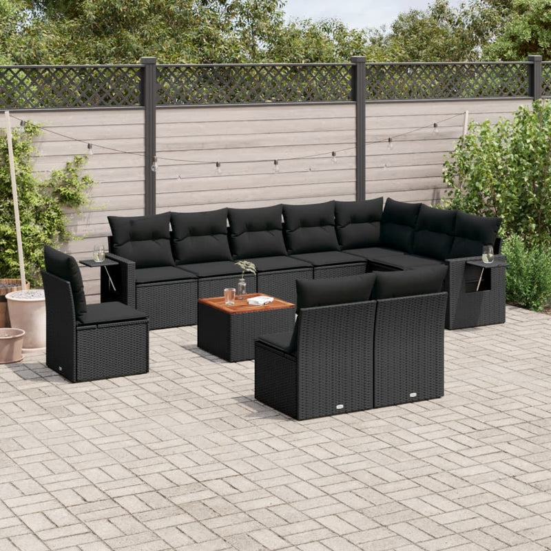 11-delige Loungeset met kussens poly rattan zwart