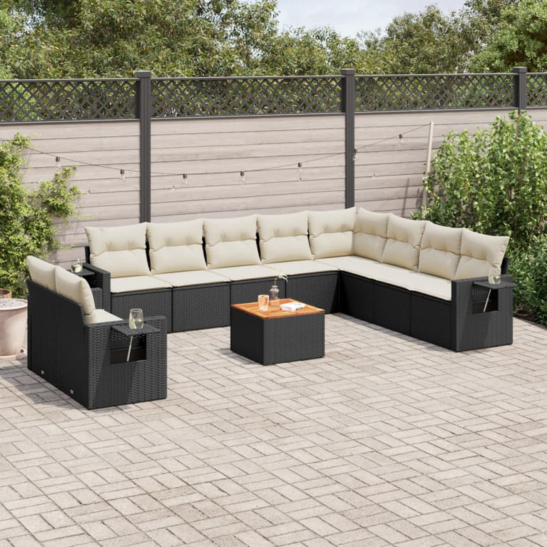 11-delige Loungeset met kussens poly rattan zwart
