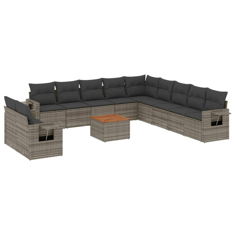 12-delige Loungeset met kussens poly rattan grijs