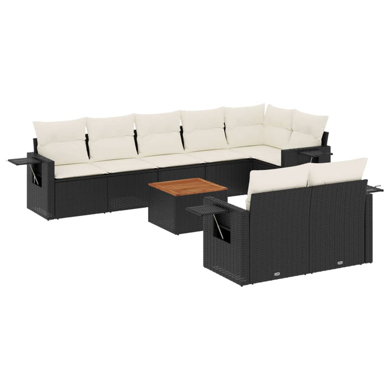 9-delige Loungeset met kussens poly rattan zwart