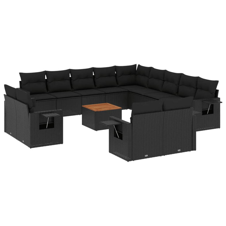 14-delige Loungeset met kussens poly rattan zwart