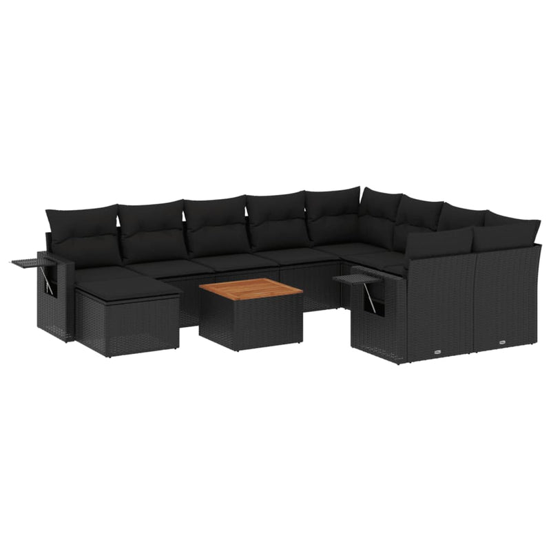 11-delige Loungeset met kussens poly rattan zwart