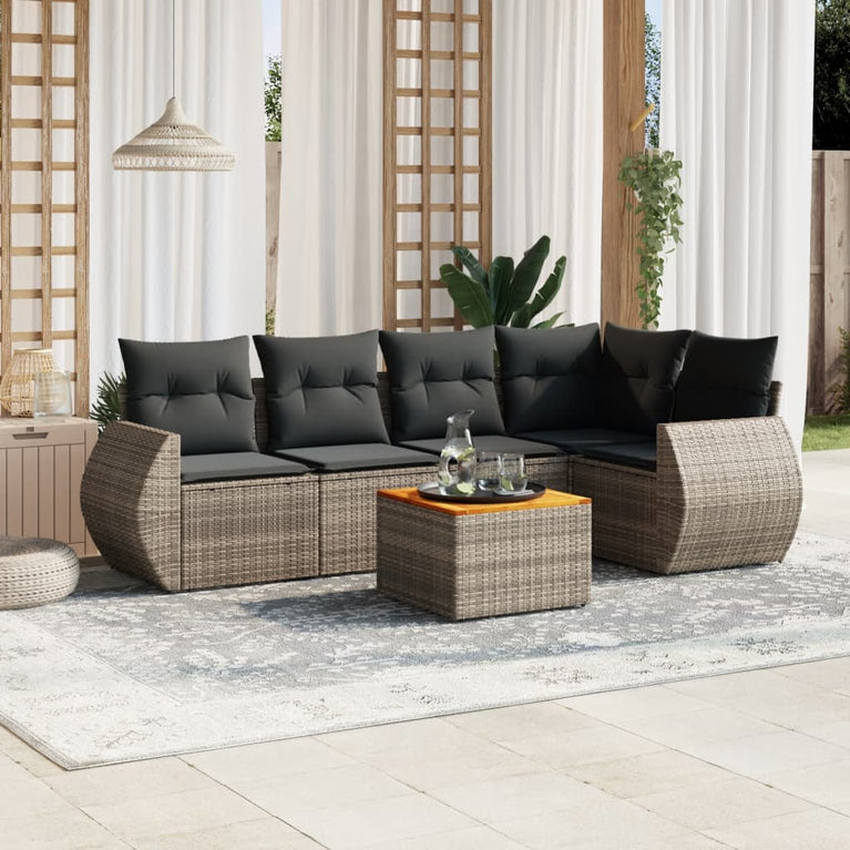6-delige Loungeset met kussens poly rattan grijs