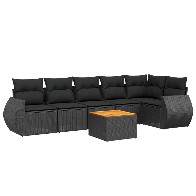 7-delige Loungeset met kussens poly rattan zwart