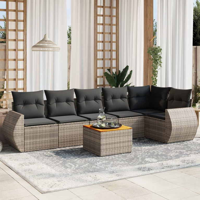 7-delige Loungeset met kussens poly rattan grijs