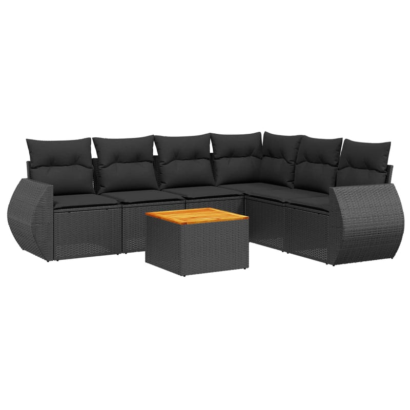 7-delige Loungeset met kussens poly rattan zwart