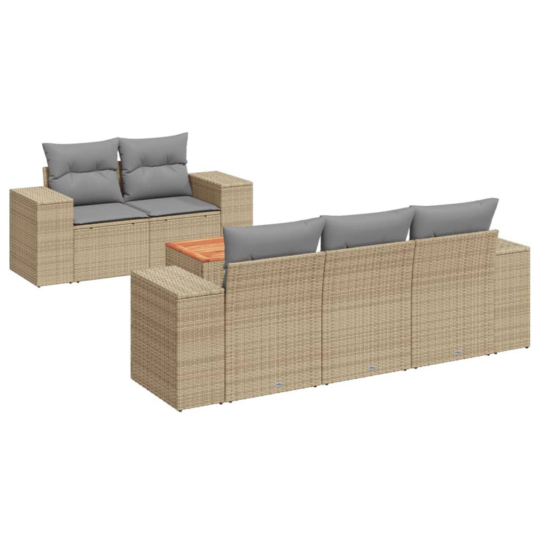 6-delige Loungeset met kussens poly rattan beige