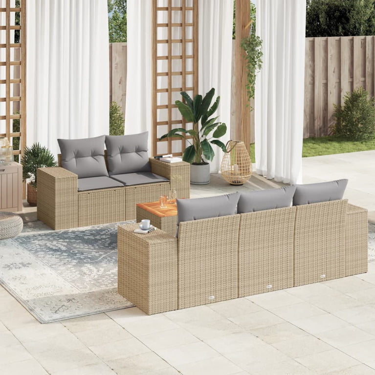 6-delige Loungeset met kussens poly rattan beige