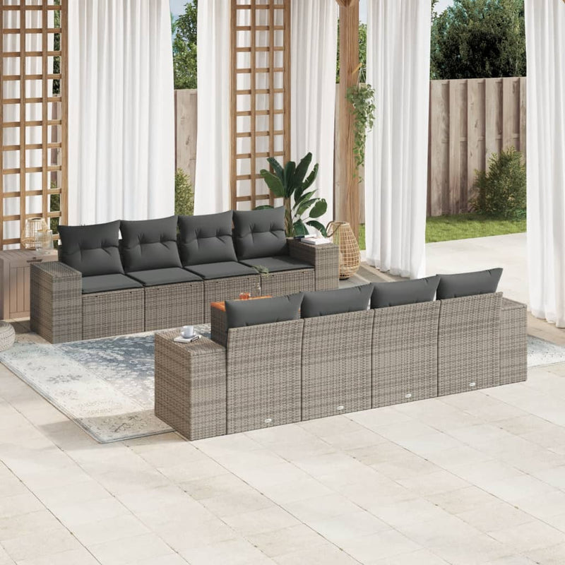 9-delige Loungeset met kussens poly rattan grijs