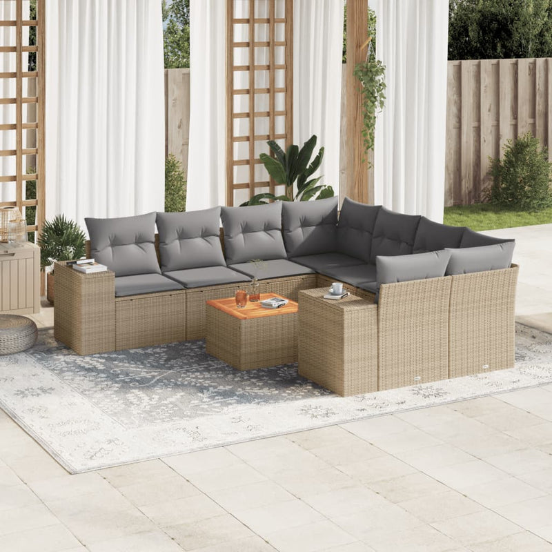 9-delige Loungeset met kussens poly rattan beige