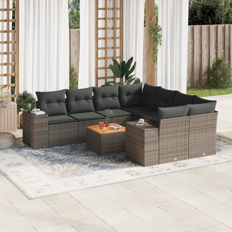 9-delige Loungeset met kussens poly rattan grijs