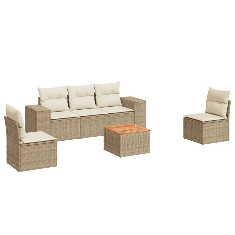 6-delige Loungeset met kussens poly rattan beige
