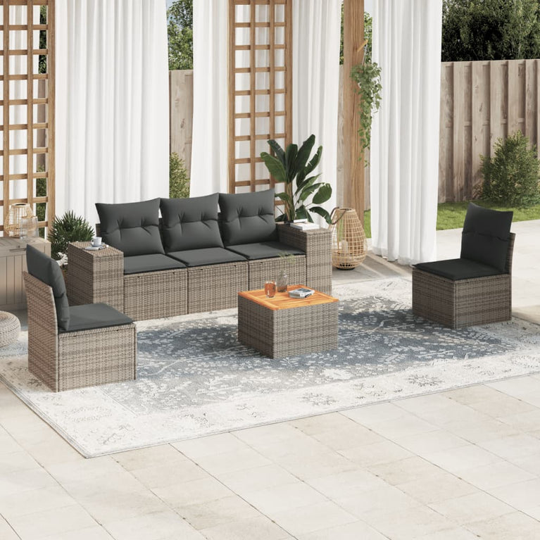 6-delige Loungeset met kussens poly rattan grijs