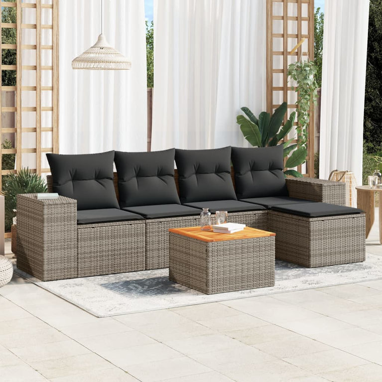 6-delige Loungeset met kussens poly rattan grijs