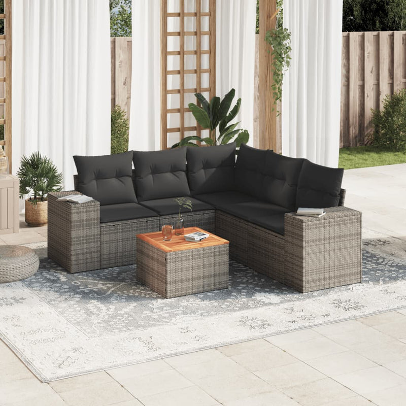 6-delige Loungeset met kussens poly rattan grijs
