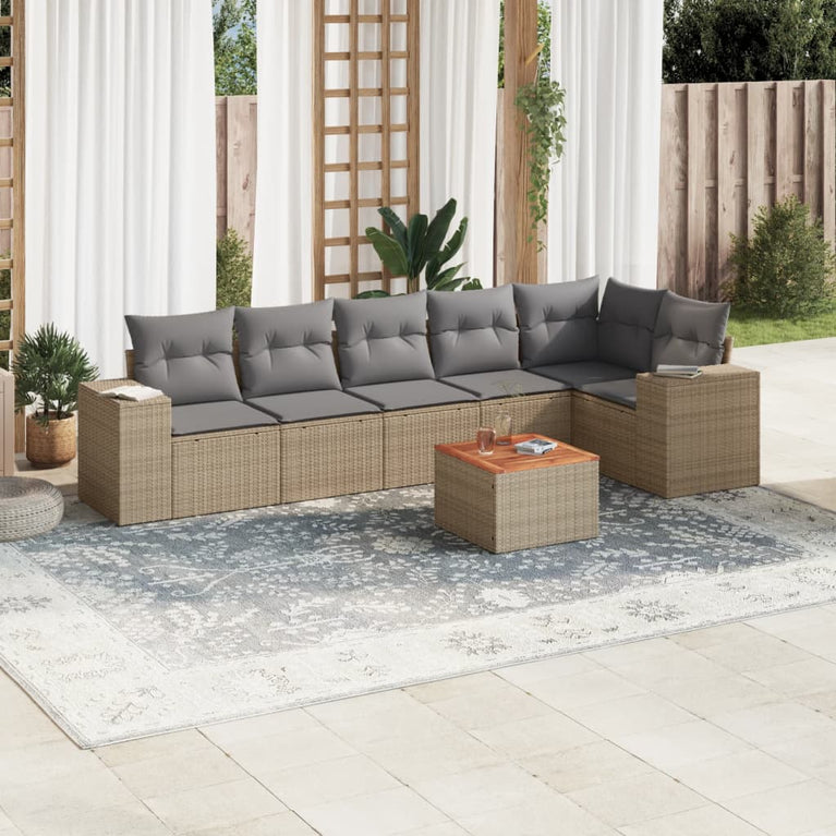 7-delige Loungeset met kussens poly rattan beige