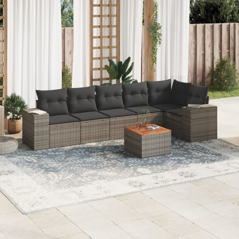 7-delige Loungeset met kussens poly rattan grijs