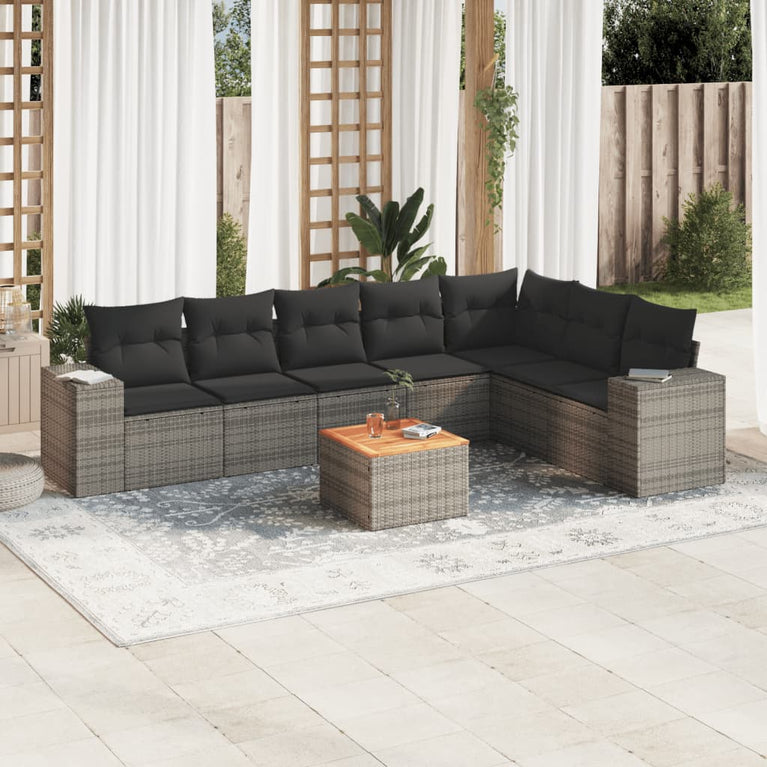 8-delige Loungeset met kussens poly rattan grijs