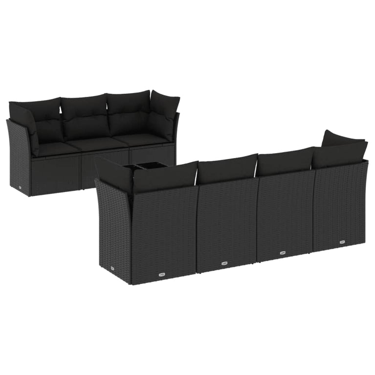 8-delige Loungeset met kussens poly rattan zwart