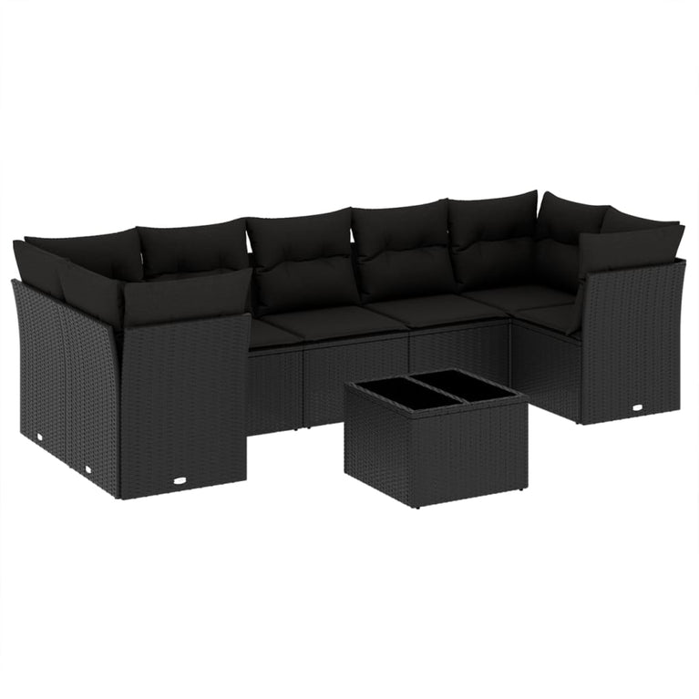8-delige Loungeset met kussens poly rattan zwart