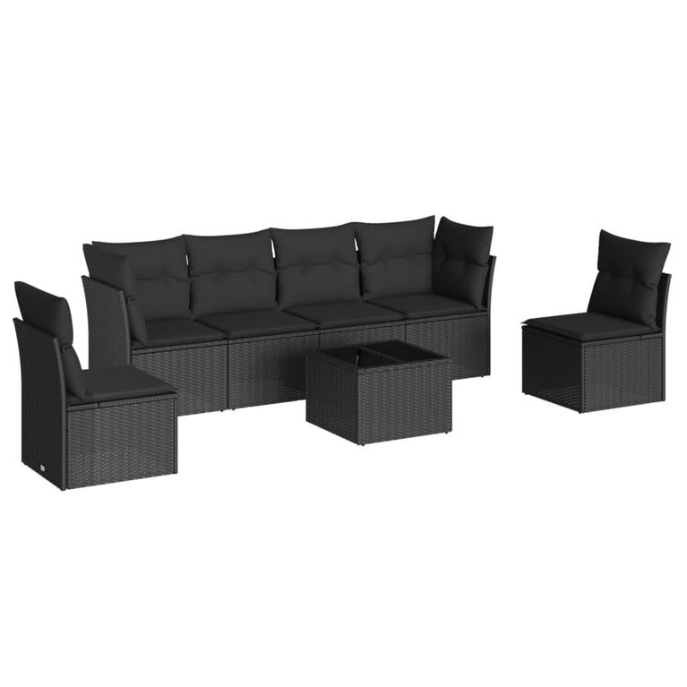 7-delige Loungeset met kussens poly rattan zwart
