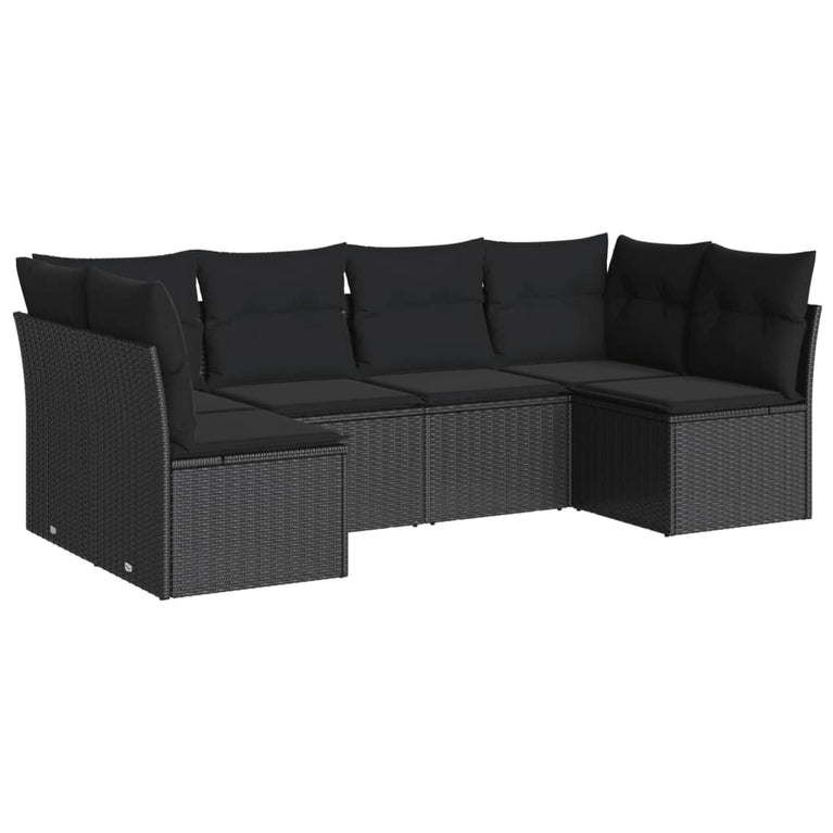6-delige Loungeset met kussens poly rattan zwart