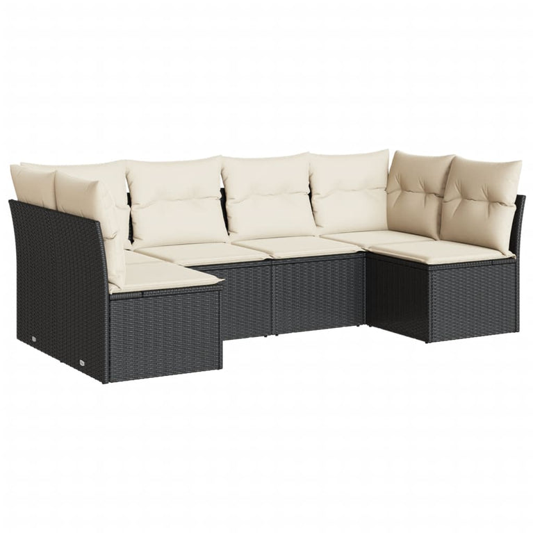 6-delige Loungeset met kussens poly rattan zwart
