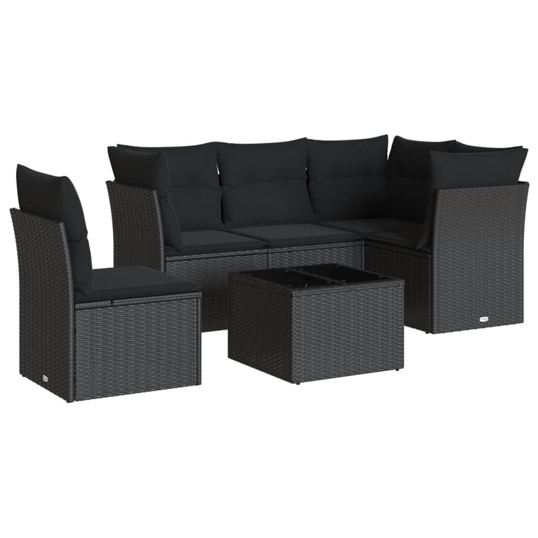 6-delige Loungeset met kussens poly rattan zwart