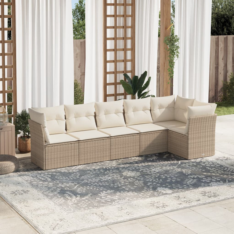 6-delige Loungeset met kussens poly rattan beige