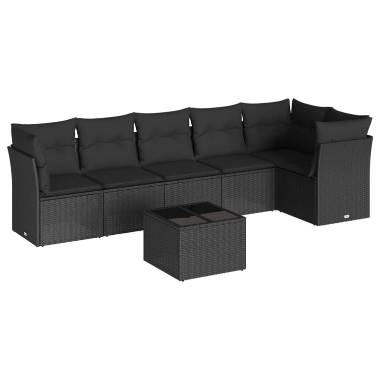 7-delige Loungeset met kussens poly rattan zwart