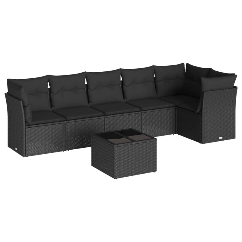 7-delige Loungeset met kussens poly rattan zwart