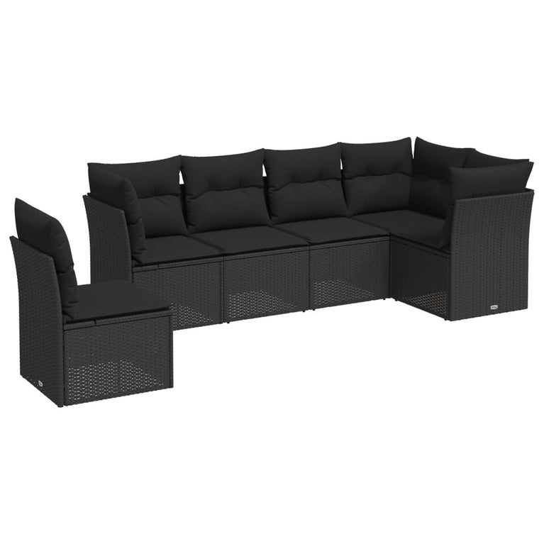 6-delige Loungeset met kussens poly rattan zwart