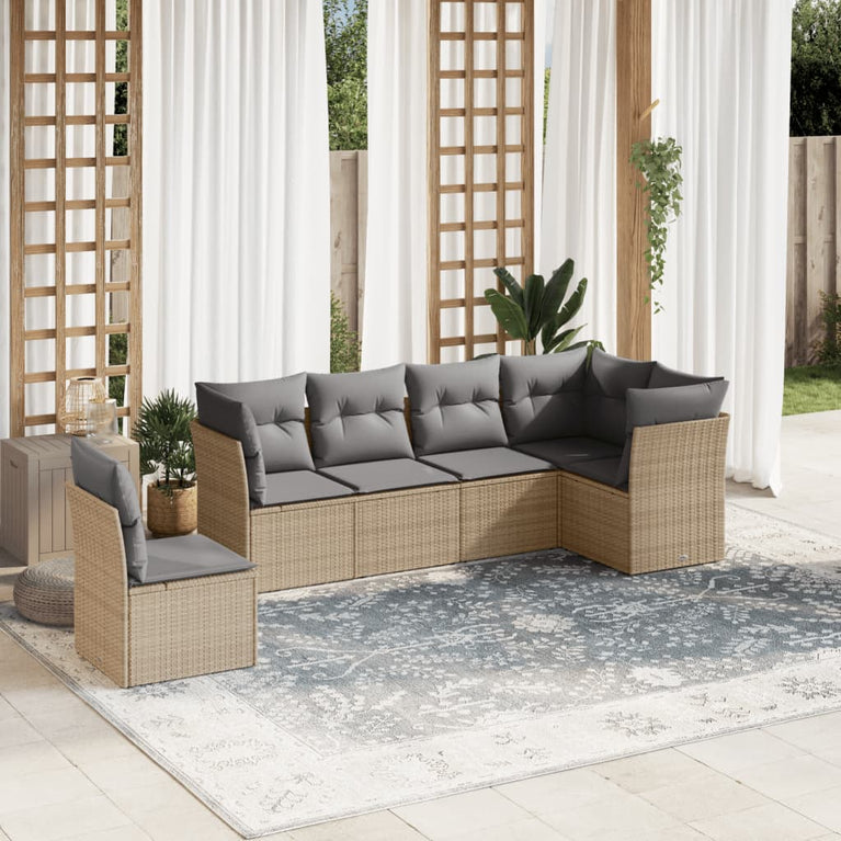 6-delige Loungeset met kussens poly rattan beige