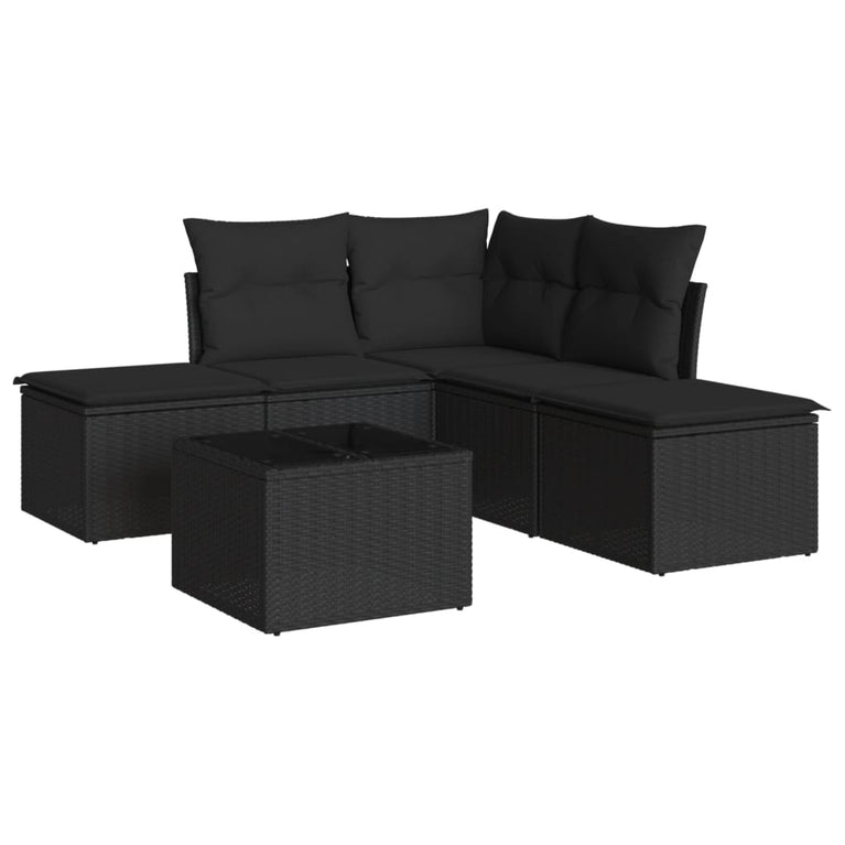6-delige Loungeset met kussens poly rattan zwart