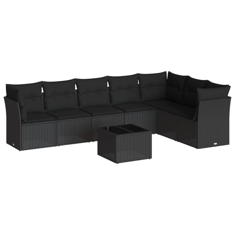 8-delige Loungeset met kussens poly rattan zwart