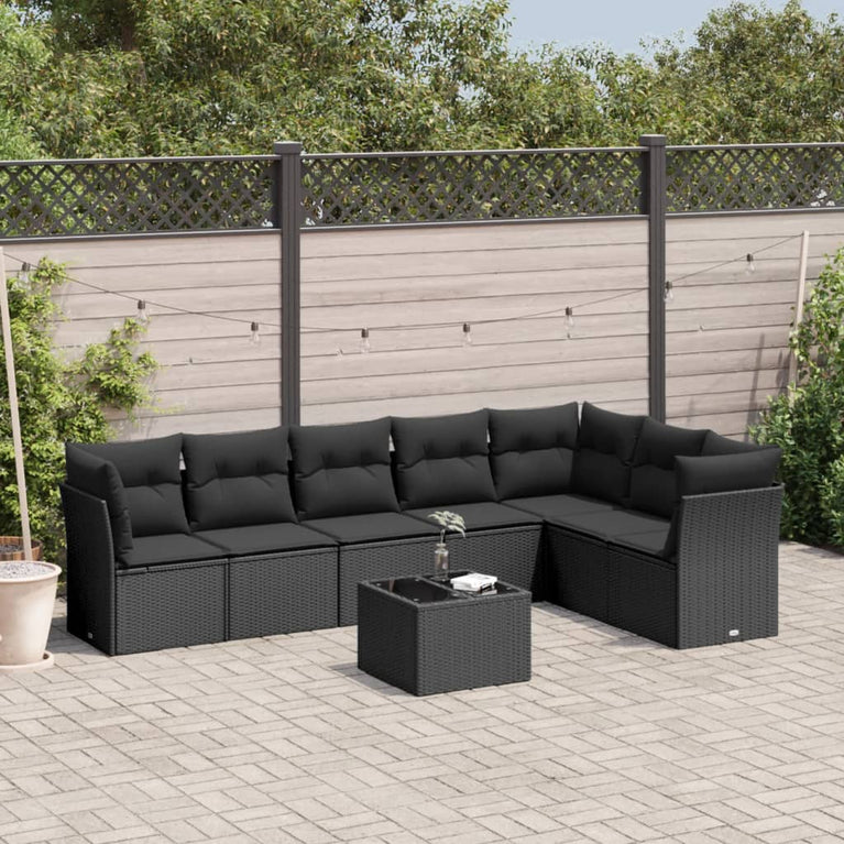 8-delige Loungeset met kussens poly rattan zwart
