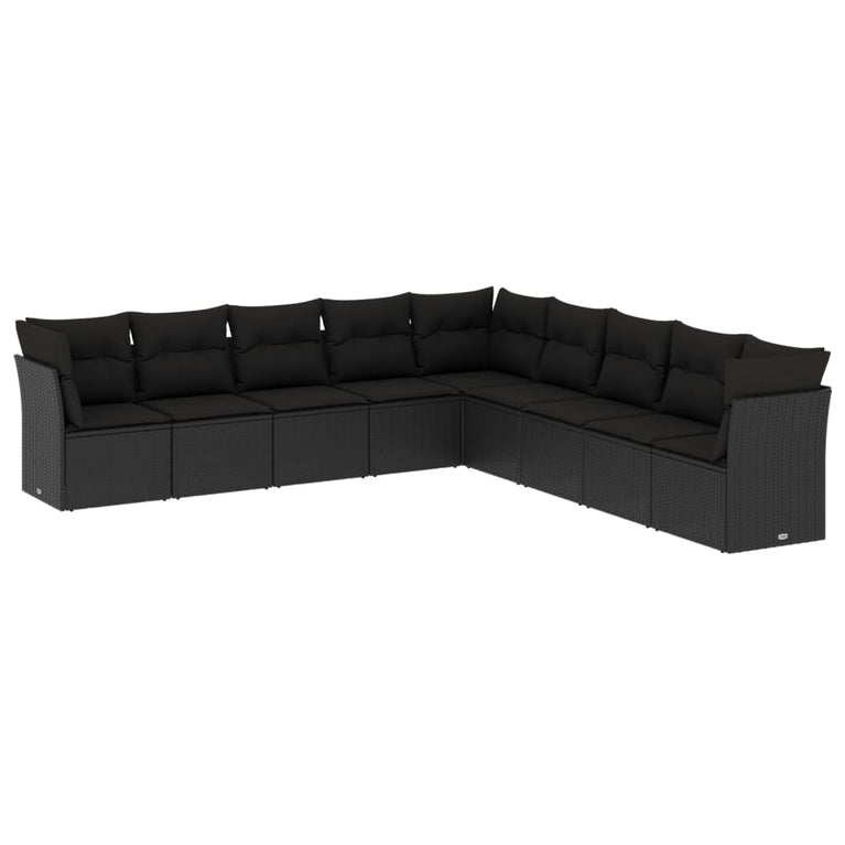9-delige Loungeset met kussens poly rattan zwart